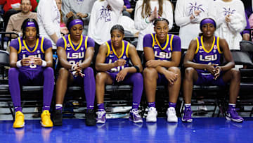 Jan 19, 2025; Gainesville, Florida, USA; LSU Tigers forward Sa'Myah Smith (5), LSU Tigers guard Aneesah Morrow (24), LSU Tigers guard Shayeann Day-Wilson (50), LSU Tigers guard Mikaylah Williams (12) and LSU Tigers guard Flau'Jae Johnson (4) wait to be introduced before a game against the Florida Gators at Exactech Arena at the Stephen C. O'Connell Center. Mandatory Credit: Matt Pendleton-Imagn Images
