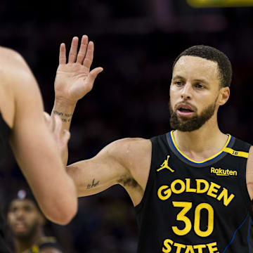 Mar 20, 2025; San Francisco, California, USA; Golden State Warriors guard Stephen Curry (30) reacts during the third quarter against the Toronto Raptors at Chase Center. Mandatory Credit: John Hefti-Imagn Images