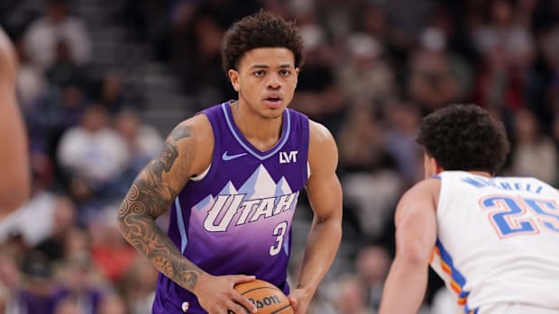 Apr 11, 2025; Salt Lake City, Utah, USA;  Utah Jazz guard Keyonte George (3) controls the ball during the second half against