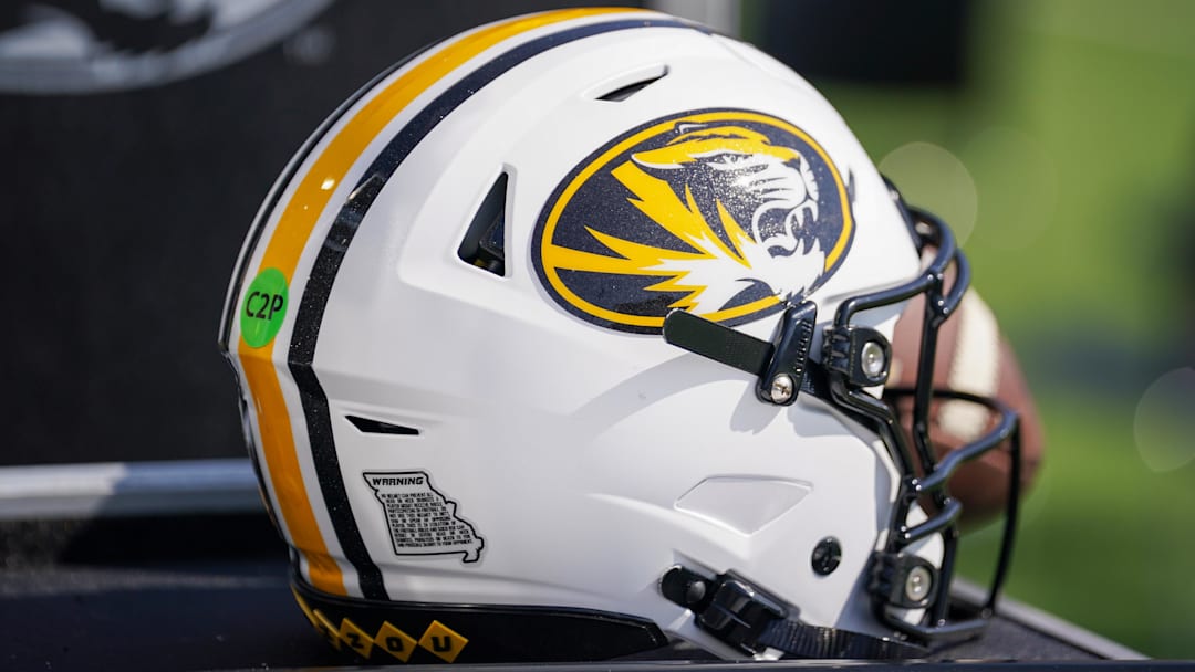 Sep 13, 2025; Columbia, Missouri, USA; A general view of a Missouri Tigers helmet prior to a game against the Louisiana-Lafayette Ragin Cajuns at Faurot Field at Memorial Stadium. Mandatory Credit: Denny Medley-Imagn Images