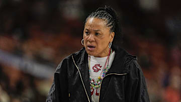 Mar 7, 2025; Greenville, SC, USA; South Carolina Gamecocks head coach Dawn Staley reacts to a play against the Vanderbilt Commodores at Bon Secours Wellness Arena. Mandatory Credit: Jim Dedmon-Imagn Images