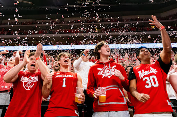 Nebraska Cornhuskers fans celebrate after the first score of the game by forward Rienk Mast (51) against the Rutgers Scarlet 