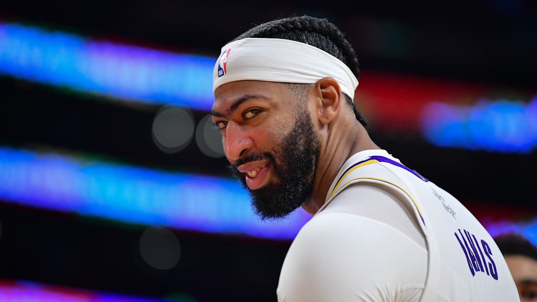 Dec 25, 2023; Los Angeles, California, USA; Los Angeles Lakers forward Anthony Davis (3) reacts during the second half at Crypto.com Arena. Mandatory Credit: Gary A. Vasquez-Imagn Images