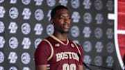 Oct 10, 2024; Charlotte, NC, USA; Boston College player Chas Kelley III answers questions from the media at The Hilton Charlotte Uptown. Mandatory Credit: Jim Dedmon-Imagn Images