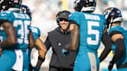 Nov 16, 2025; Jacksonville, Florida, USA; Jacksonville Jaguars head coach Liam Coen reacts following a touchdown against the Los Angeles Chargers during the third quarter at EverBank Stadium. Mandatory Credit: Morgan Tencza-Imagn Images
