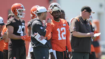 May 10, 2025; Berea, OH, USA; Cleveland Browns quarterback Shedeur Sanders (12) waits his turn for a drill during rookie minicamp at CrossCountry Mortgage Campus. Mandatory Credit: Ken Blaze-Imagn Images
