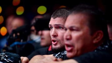 Jan 18, 2025; Inglewood, California, USA; Khabib Nurmagomedov ringside during UFC 311 at Intuit Dome. Mandatory Credit: Gary A. Vasquez-Imagn Images