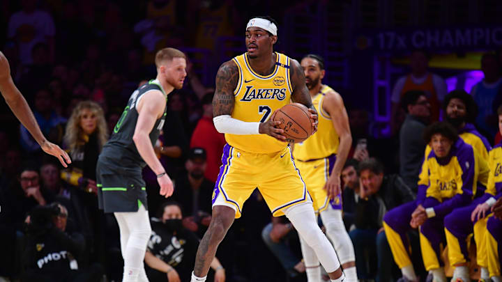 Apr 30, 2025; Los Angeles, California, USA; Los Angeles Lakers forward Jarred Vanderbilt (2) controls the ball against the Minnesota Timberwolves during the second half in game five of first round for the 2025 NBA Playoffs at Crypto.com Arena. Mandatory Credit: Gary A. Vasquez-Imagn Images