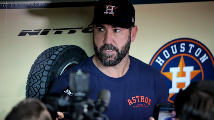 Houston Astros starting pitcher Justin Verlander (35) talks to the media in the dugout prior to the game against the Detroit Tigers on June 15.