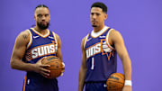 Sep 24, 2025; Phoenix, AZ, USA; Phoenix Suns forward Dillon Brooks (3) and guard Devin Booker (1) pose for portrait during Media Day at PHX Arena. Mandatory Credit: Mark J. Rebilas-Imagn Images