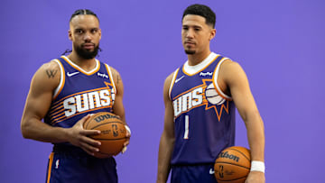 Sep 24, 2025; Phoenix, AZ, USA; Phoenix Suns forward Dillon Brooks (3) and guard Devin Booker (1) pose for portrait during Media Day at PHX Arena. Mandatory Credit: Mark J. Rebilas-Imagn Images