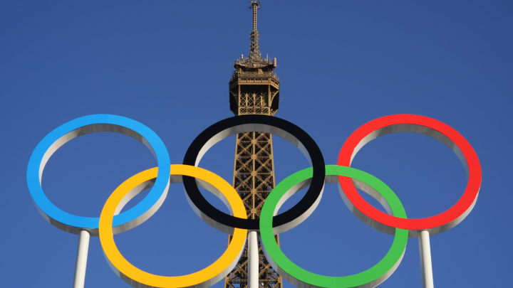 A general view of the Olympic rings with the Eiffel Tower in the background during the 2024 Paris Olympics. 