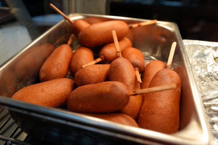 Golden battered to perfection corn dogs at Stripling’s in Bogart, Georgia