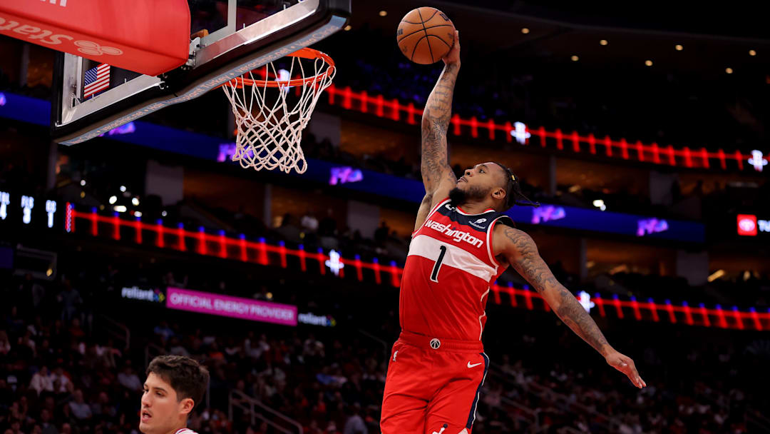Nov 12, 2025; Houston, Texas, USA; Washington Wizards forward Cam Whitmore (1) dunks against against the Houston Rockets during the third quarter at Toyota Center. Mandatory Credit: Erik Williams-Imagn Images Nov 12, 2025; Houston, Texas, USA; Washington Wizards forward Cam Whitmore (1) dunks against against the Houston Rockets during the third quarter at Toyota Center. Mandatory Credit: Erik Williams-Imagn Images
