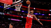 Nov 12, 2025; Houston, Texas, USA; Washington Wizards forward Cam Whitmore (1) dunks against against the Houston Rockets during the third quarter at Toyota Center. Mandatory Credit: Erik Williams-Imagn Images