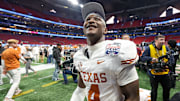 Jan 1, 2025; Atlanta, GA, USA; Texas Longhorns defensive back Andrew Mukuba (4) celebrates after a victory over the Arizona State Sun Devils in the Peach Bowl at Mercedes-Benz Stadium. Mandatory Credit: Brett Davis-Imagn Images