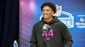 Feb 27, 2025; Indianapolis, IN, USA; Alabama defensive back Malachi Moore (DB44) during the 2025 NFL Combine at Lucas Oil Stadium. 