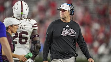 Oct 12, 2024; Athens, Georgia, USA; Mississippi State Bulldogs head coach Jeff Lebby on the field during the game against the Georgia Bulldogs during the second half at Sanford Stadium. Mandatory Credit: Dale Zanine-Imagn Images