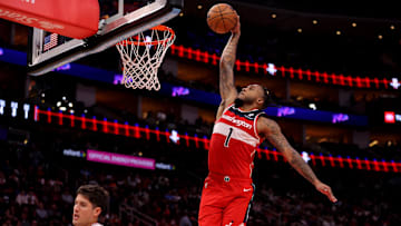 Nov 12, 2025; Houston, Texas, USA; Washington Wizards forward Cam Whitmore (1) dunks against against the Houston Rockets during the third quarter at Toyota Center. Mandatory Credit: Erik Williams-Imagn Images