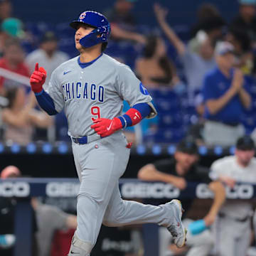 Chicago Cubs catcher Miguel Amaya (9) circles theses after hitting a three-run home run against the Miami Marlins during the fourth inning at loanDepot Park on May 19.