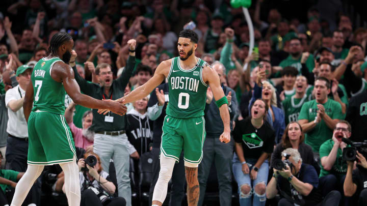 Jun 17, 2024; Boston, Massachusetts, USA; Boston Celtics forward Jayson Tatum (0) celebrates with guard Jaylen Brown (7) after a play against the Dallas Mavericks during the second quarter in game five of the 2024 NBA Finals at TD Garden. Mandatory Credit: Peter Casey-USA TODAY Sports Jun 17, 2024; Boston, Massachusetts, USA; Boston Celtics forward Jayson Tatum (0) celebrates with guard Jaylen Brown (7) after a play against the Dallas Mavericks during the second quarter in game five of the 2024 NBA Finals at TD Garden. Mandatory Credit: Peter Casey-USA TODAY Sports