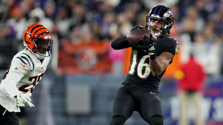 Baltimore Ravens wide receiver Tylan Wallace (16) cat he   s a pass as Cincinnati Bengals cornerback Eli Apple (20) defends in the second quarter during an NFL Week 5 game, Sunday, Oct. 9, 2022, at M&T Bank Stadium in Baltimore.

Nfl Cincinnati Bengals At Baltimore Ravens Oct 9 0232