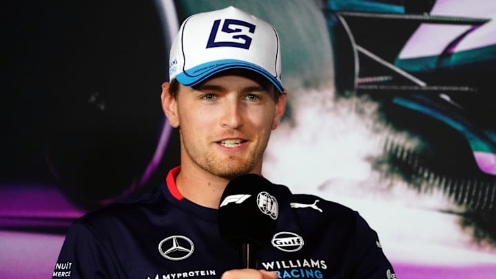 May 2, 2024; Miami Gardens, Florida, USA;  Williams driver Logan Sargeant (2) addresses the media in advance of the Miami Grand Prix at the Miami International Autodrome. Mandatory Credit: John David Mercer-Imagn Images