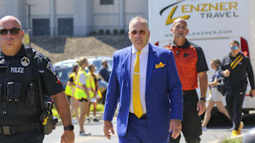 Sep 13, 2025; Morgantown, West Virginia, USA; Pittsburgh Panthers head coach Pat Narduzzi arrives to their game against the West Virginia Mountaineers at Milan Puskar Stadium. Mandatory Credit: Ben Queen-Imagn Images