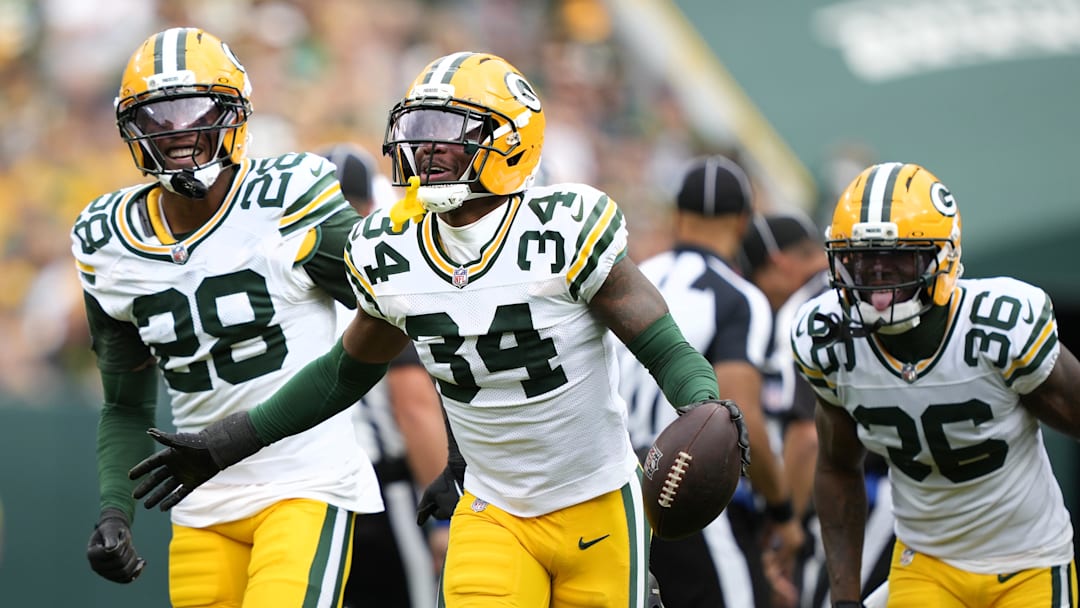 Green Bay Packers cornerback Kalen King (34) reacts to recovering a fumble