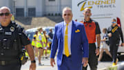 Sep 13, 2025; Morgantown, West Virginia, USA; Pittsburgh Panthers head coach Pat Narduzzi arrives to their game against the West Virginia Mountaineers at Milan Puskar Stadium. Mandatory Credit: Ben Queen-Imagn Images