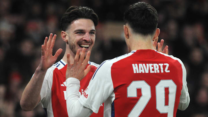 Declan Rice (left) and Kai Havertz (right) celebrate Arsenal's opening goal against Dinamo Zagreb.