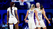 Aug 15, 2025; Arlington, Texas, USA;  Los Angeles Sparks forward Rickea Jackson (2) celebrates with Los Angeles Sparks guard Julie Allemand (20) and Los Angeles Sparks guard Kelsey Plum (10) and Los Angeles Sparks forward Cameron Brink (22) against the Dallas Wings during the second half at College Park Center. Mandatory Credit: Kevin Jairaj-Imagn Images