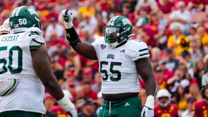 Ohio defensive tackle Rodney Mathews (55) celebrates a defensive stop during the game at Jack Trice Stadium in Ames, Iowa on Saturday, Sept. 17, 2022.