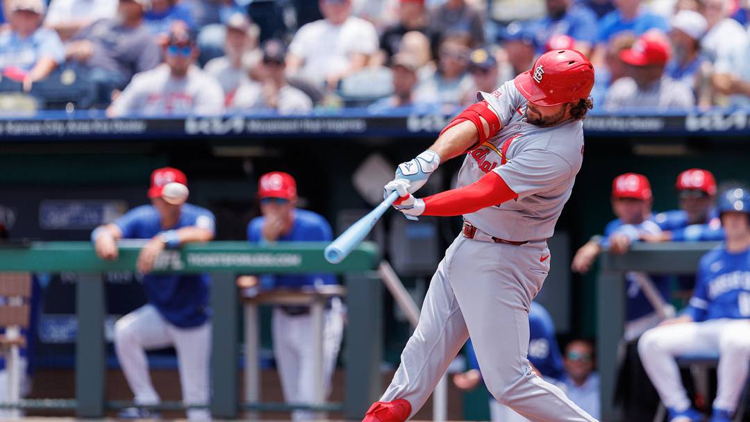 Jun 21, 2026; Kansas City, Missouri, USA; St. Louis Cardinals first baseman Alec Burleson (41) hits a triple during the second inning against the Kansas City Royals at Kauffman Stadium. Mandatory Credit: William Purnell-Imagn Images Jun 21, 2026; Kansas City, Missouri, USA; St. Louis Cardinals first baseman Alec Burleson (41) hits a triple during the second inning against the Kansas City Royals at Kauffman Stadium. Mandatory Credit: William Purnell-Imagn Images