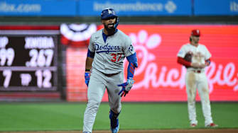Oct 4, 2025; Philadelphia, Pennsylvania, USA; Los Angeles Dodgers right fielder Teoscar Hernandez (37) runs after hitting a three run home run against the Philadelphia Phillies in the seventh inning during game one of the NLDS round for the 2025 MLB playoffs at Citizens Bank Park. Mandatory Credit: Eric Hartline-Imagn Images