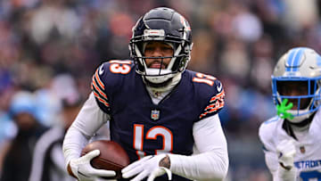 Dec 22, 2024; Chicago, Illinois, USA; Chicago Bears wide receiver Keenan Allen (13) runs after a catch against the Detroit Lions during the second quarter at Soldier Field. Mandatory Credit: Daniel Bartel-Imagn Images