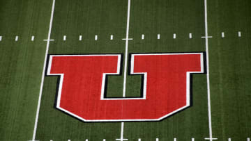 Sep 23, 2016; Salt Lake City, UT, USA; General view of the Utah Utes logo at midfield before the game against the USC Trojans at Rice-Eccles Stadium. Mandatory Credit: Kirby Lee-USA TODAY Sports