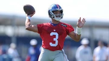 Jul 24, 2025; East Rutherford, NJ, USA; New York Giants quarterback Russell Wilson (3) throws a pass during training camp at Quest Diagnostics Training Center. Mandatory Credit: Vincent Carchietta-Imagn Images
