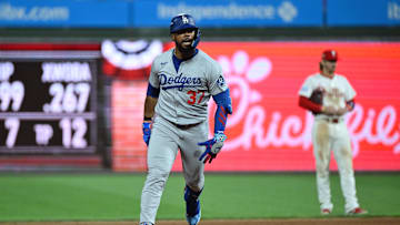 Oct 4, 2025; Philadelphia, Pennsylvania, USA; Los Angeles Dodgers right fielder Teoscar Hernandez (37) runs after hitting a three run home run against the Philadelphia Phillies in the seventh inning during game one of the NLDS round for the 2025 MLB playoffs at Citizens Bank Park. Mandatory Credit: Eric Hartline-Imagn Images