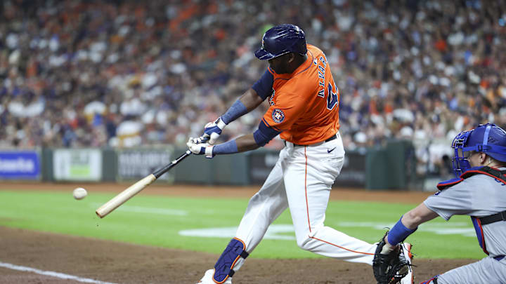 Jul 26, 2024; Houston, Texas, USA; Houston Astros designated hitter Yordan Alvarez (44) bats during the third inning against the Los Angeles Dodgers at Minute Maid Park.