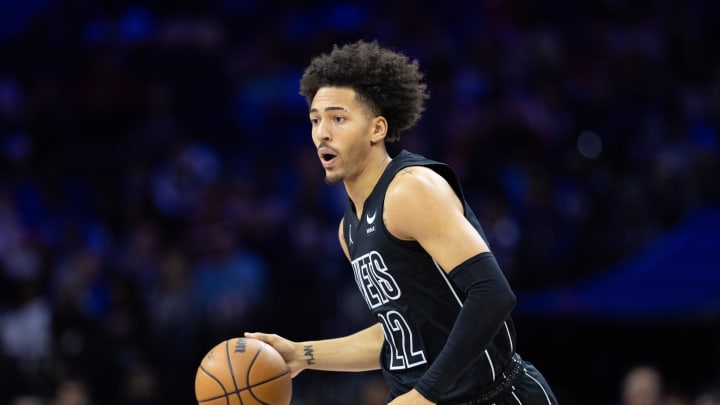 Apr 14, 2024; Philadelphia, Pennsylvania, USA; Brooklyn Nets forward Jalen Wilson (22) dribbles the ball against the Philadelphia 76ers during the first quarter at Wells Fargo Center. Mandatory Credit: Bill Streicher-USA TODAY Sports