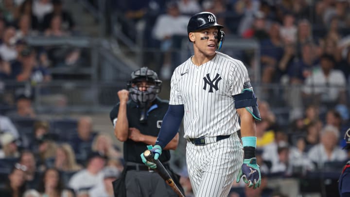 Jul 5, 2024; Bronx, New York, USA; New York Yankees center fielder Aaron Judge (99) reacts after striking out during the fifth inning against the Boston Red Sox at Yankee Stadium. Mandatory Credit: Vincent Carchietta-USA TODAY Sports