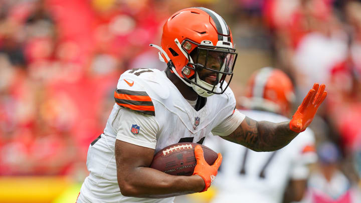 Aug 26, 2023; Kansas City, Missouri, USA; Cleveland Browns running back John Kelly Jr. (41) runs the ball during the second half against the Kansas City Chiefs at GEHA Field at Arrowhead Stadium. Mandatory Credit: Jay Biggerstaff-USA TODAY Sports