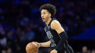 Apr 14, 2024; Philadelphia, Pennsylvania, USA; Brooklyn Nets forward Jalen Wilson (22) dribbles the ball against the Philadelphia 76ers during the first quarter at Wells Fargo Center. Mandatory Credit: Bill Streicher-USA TODAY Sports