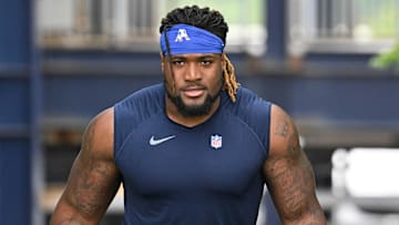 Jun 9, 2025; Foxborough, MA, USA; New England Patriots defensive tackle Isaiah Iton (68) walks to the practice fields at Gillette Stadium. Mandatory Credit: Eric Canha-Imagn Images