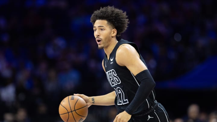 Apr 14, 2024; Philadelphia, Pennsylvania, USA; Brooklyn Nets forward Jalen Wilson (22) dribbles the ball against the Philadelphia 76ers during the first quarter at Wells Fargo Center. Mandatory Credit: Bill Streicher-USA TODAY Sports