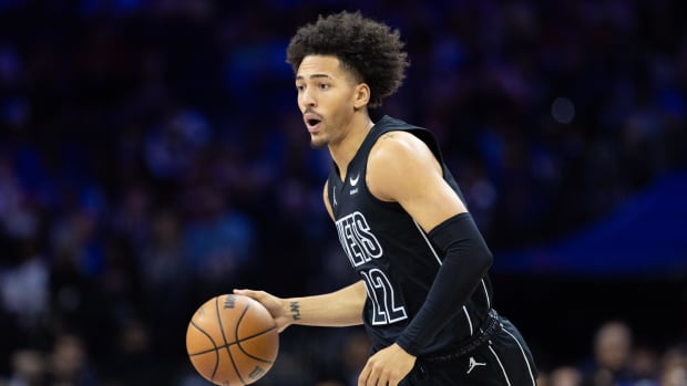 Apr 14, 2024; Philadelphia, Pennsylvania, USA; Brooklyn Nets forward Jalen Wilson (22) dribbles the ball