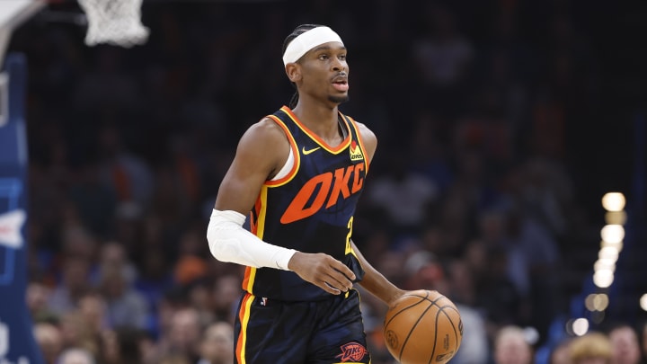 Mar 10, 2024; Oklahoma City, Oklahoma, USA; Oklahoma City Thunder guard Shai Gilgeous-Alexander (2) dribbles the ball down the court against the Memphis Grizzlies during the second quarter at Paycom Center. Mandatory Credit: Alonzo Adams-USA TODAY Sports