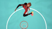 Jul 27, 2024; Villeneuve-d'Ascq, France; Canada small forward RJ Barrett (9) shoots against Greece in the second half during the Paris 2024 Olympic Summer Games at Stade Pierre-Mauroy. Mandatory Credit: John David Mercer-USA TODAY Sports