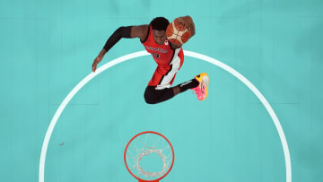 Jul 27, 2024; Villeneuve-d'Ascq, France; Canada small forward RJ Barrett (9) shoots against Greece in the second half during the Paris 2024 Olympic Summer Games at Stade Pierre-Mauroy. Mandatory Credit: John David Mercer-USA TODAY Sports